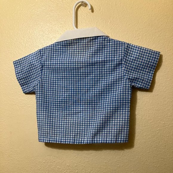 Vintage Unbranded Baby Blue Gingham Embroidered Train Button Up Shirt Size 0-3m - Picture 3 of 5
